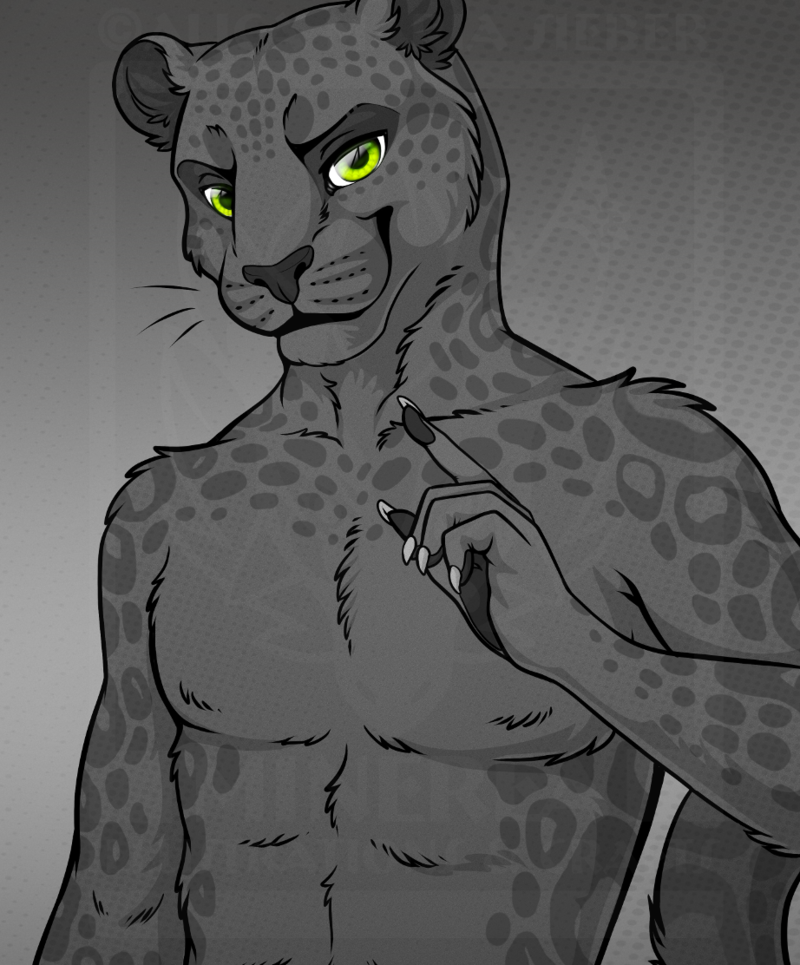 2018 5_fingers abs anthro black_nose black_pawpads claws clothed clothing digital_media_(artwork) feline front_view fur green_eyes grey_background grey_claws grey_fur grey_spots half-length_portrait halftone_background looking_at_viewer male mammal minerea panther pattern_background pawpads pinkdragonlove pinup pointing_up portrait pose simple_background smile solo spots spotted_body standing topless watermark