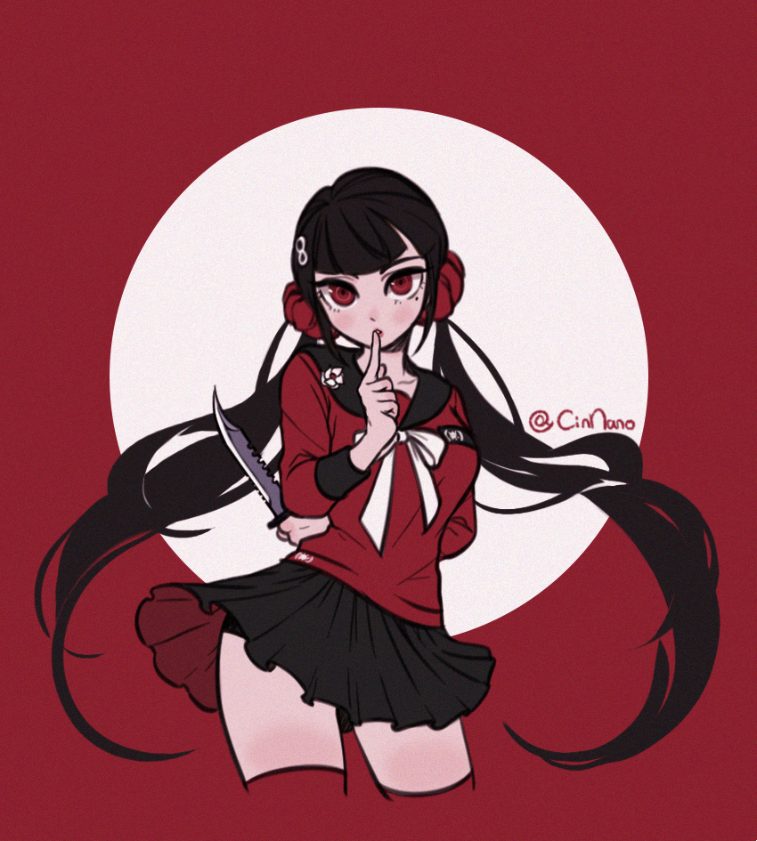 black_hair c.nano commentary_request danganronpa finger_to_mouth flower harukawa_maki holding holding_weapon knife long_hair new_danganronpa_v3 red_eyes school_uniform signature simple_background skirt solo thighhighs twintails weapon