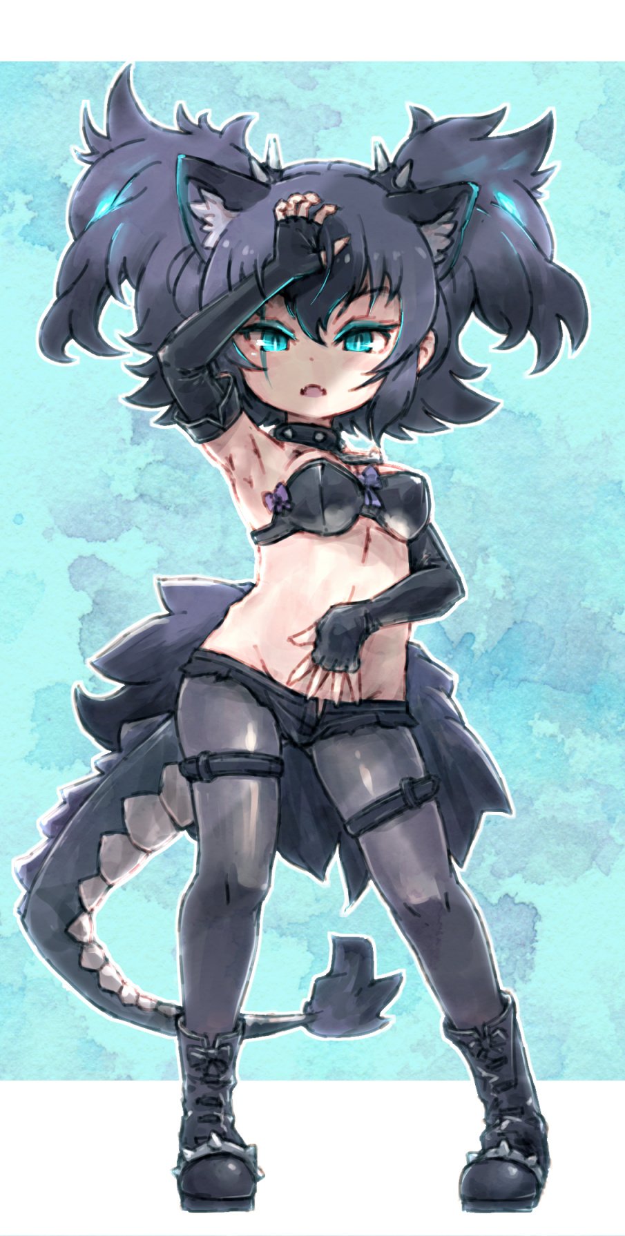 animal_ear_fluff animal_ears blue_eyes boots bra cerberus_(kemono_friends) collar commentary_request cutoffs dog_ears elbow_gloves eyebrows_visible_through_hair fangs fingerless_gloves full_body gloves highres kemono_friends kolshica lizard_tail midriff multicolored_hair pantyhose purple_hair scar scar_across_eye solo spiked_collar spikes tail twintails underwear