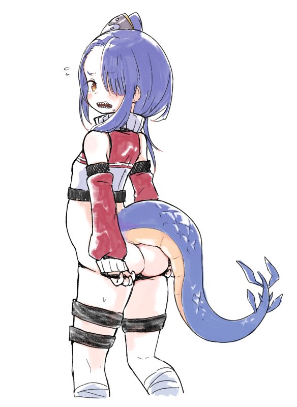 1girl ass black_panties blue_hair butt_crack detached_sleeves done_(donezumi) embarrassed female from_behind hair_over_one_eye lizard_tail looking_back monster_girl open_mouth panties panty_pull sharp_teeth simple_background solo tail teeth underwear white_background yin_yang