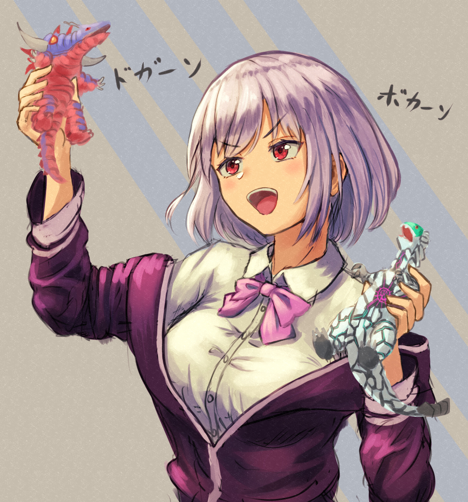bangs breasts collared_shirt commentary_request jacket large_breasts lavender_hair long_sleeves looking_at_viewer moppo off_shoulder open_mouth purple_jacket red_eyes school_uniform shinjou_akane shirt short_hair ssss.gridman toy upper_body white_shirt