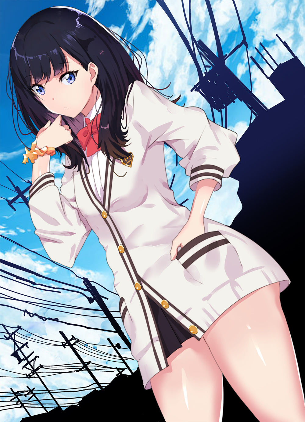 bangs black_hair black_skirt blue_eyes blue_sky bow breasts buttons closed_mouth commentary_request day hand_in_pocket highres hips long_hair long_sleeves looking_at_viewer microskirt pleated_skirt power_lines red_neckwear school_uniform scrunchie skirt sky small_breasts solo ssss.gridman sweater swept_bangs takarada_rikka thighs white_sweater wrist_scrunchie yuu_(asaiyuji)