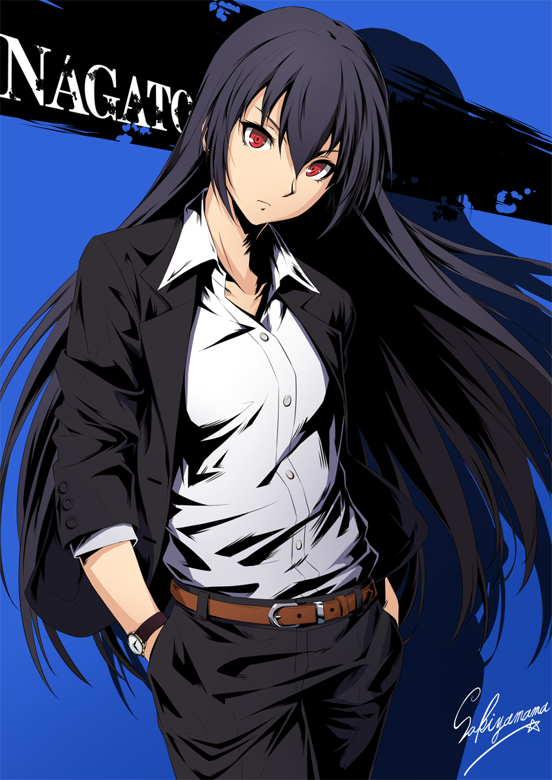 artist_name belt black_hair blue_background breasts casual character_name closed_mouth commentary_request contemporary english expressionless hair_between_eyes hands_in_pockets head_tilt jersey kantai_collection long_hair long_sleeves looking_at_viewer nagato_(kantai_collection) no_choker no_headgear open_collar pants red_eyes sakiyamama shadow shirt sidelocks small_breasts solo watch white_shirt wind wind_lift wristwatch