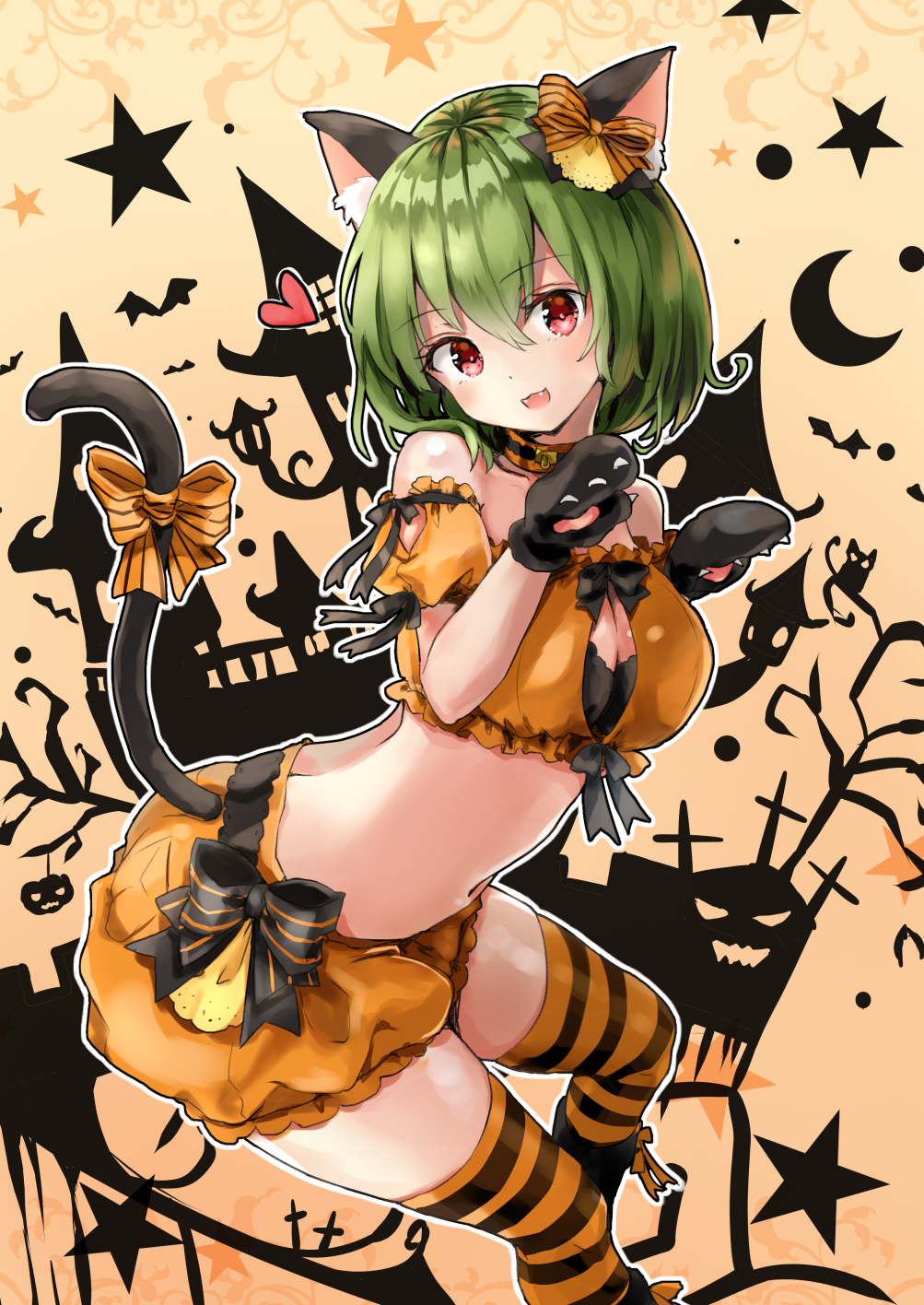 :3 :d alternate_costume animal_ear_fluff animal_ears arched_back arm_ribbon bangs bare_shoulders black_bow black_footwear black_gloves black_legwear black_ribbon blush boots bow breasts cat_ears cat_tail collar commentary_request crescent crop_top eyebrows_visible_through_hair fangs feet_out_of_frame gloves gradient gradient_background green_hair hair_between_eyes hair_ribbon halloween hands_up heart highres kazami_yuuka kemonomimi_mode large_breasts midriff off-shoulder_shirt off_shoulder open_mouth orange_background orange_bow orange_collar orange_legwear orange_ribbon orange_shirt orange_shorts paw_gloves paws puffy_short_sleeves puffy_sleeves red_eyes ribbon shironeko_yuuki shirt short_hair short_shorts short_sleeves shorts smile solo star striped striped_bow striped_legwear tail tail_bow thighhighs thighs touhou