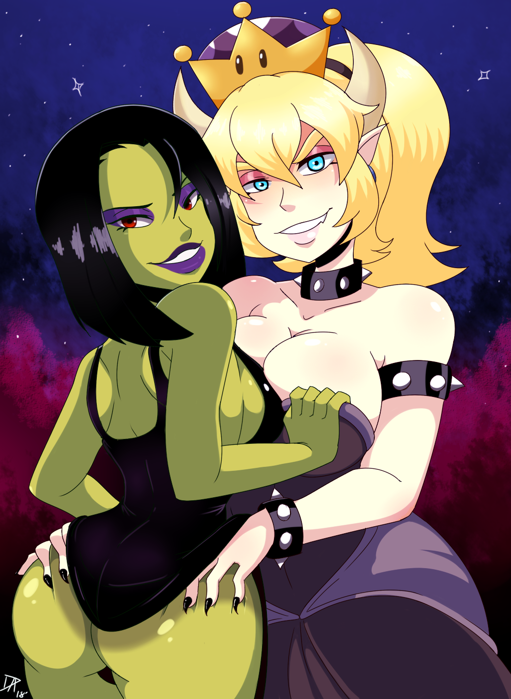 2girls arm armlet ass ass_grab back banjo-kazooie bare_arms bare_shoulders black_dress black_hair black_nails blonde_hair blue_eyes bowsette bracelet breasts brown_horns claws cleavage collar collarbone couple crossover crown dalley-alpha dress dress_grab dress_hold dress_lift earrings eyeshadow fang from_behind gradient gradient_background green_skin gruntilda_winkybunion hair_between_eyes half-closed_eyes head_tilt highres horns interspecies jewelry large_breasts lips lipstick long_hair looking_at_viewer looking_back makeup medium_breasts monster_girl multiple_girls nail_polish naughty_face neck new_super_mario_bros._u_deluxe nintendo parted_lips pointy_ears ponytail purple_lipstick rareware red_eyes short_hair sideboob smile spiked_armlet spiked_bracelet spiked_collar spikes standing strapless strapless_dress super_crown teeth witch yuri