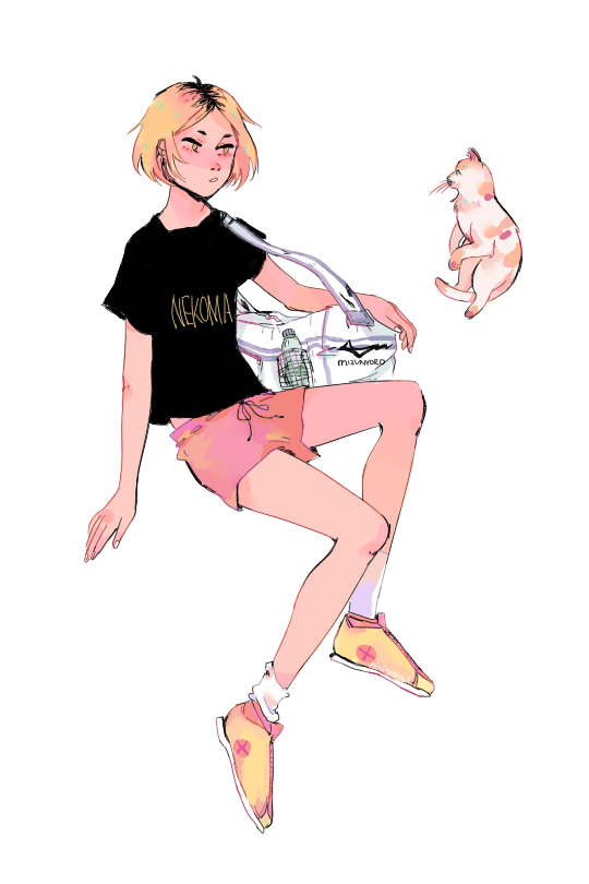 arm_at_side arm_up artist_name bangs black_shirt blonde_hair blush bottle cat clothes_writing commentary denise_(pfeffersteak) drawstring english_commentary full_body haikyuu!! kozume_kenma male_focus parted_bangs pink_shorts shirt short_sleeves shorts simple_background socks solo water_bottle white_background white_bag white_legwear yellow_footwear