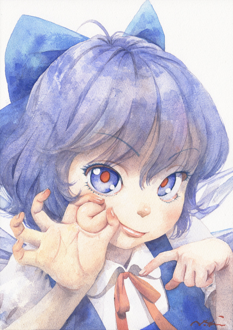 ass bangs blue_bow blue_eyes blue_hair bow cheek_pinching cirno closed_mouth collared_shirt commentary_request eyebrows_visible_through_hair eyelashes fingernails graphite_(medium) hair_bow ice ice_wings lips looking_at_viewer misawa_hiroshi neck_ribbon pinching pointing puffy_short_sleeves puffy_sleeves red_pupils red_ribbon ribbon shirt short_hair short_sleeves signature simple_background smile solo touhou traditional_media upper_body watercolor_(medium) white_background white_shirt wings