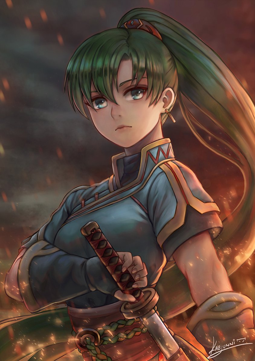earrings fingerless_gloves fire_emblem fire_emblem:_rekka_no_ken fire_emblem_heroes gloves green_eyes green_hair high_ponytail jewelry kaejunni long_hair looking_at_viewer lyndis_(fire_emblem) pelvic_curtain ponytail side_slit solo sword weapon