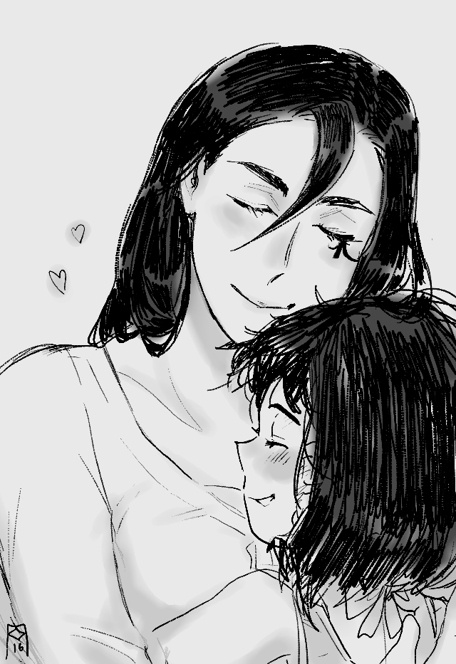 ana_(overwatch) apple_(appleuniversing) blush closed_eyes closed_mouth commentary doodle english_commentary facing_another facing_viewer forehead from_side greyscale hair_between_eyes hair_strand heart hug long_bangs long_hair monochrome mother_and_daughter multiple_girls overwatch pharah_(overwatch) profile shirt short_hair sideways_mouth smile upper_body