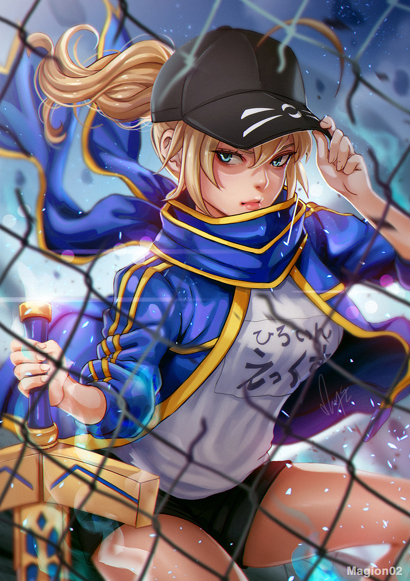 ahoge artoria_pendragon_(all) baseball_cap black_hat black_shorts blonde_hair blue_eyes blue_jacket blue_scarf chain-link_fence closed_mouth commentary english_commentary excalibur fate/grand_order fate_(series) fence hair_through_headwear hat holding holding_sword holding_weapon jacket looking_to_the_side magion02 mysterious_heroine_x open_clothes open_jacket ponytail scarf shirt shorts solo sword touching_hat track_jacket weapon white_shirt