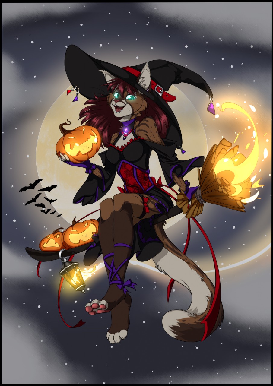 anthro base_used bat broom cat clothing cloud dress feline female flying food fruit full_moon glowing glowing_eyes halloween happy hat holidays looking_at_viewer lynx magic magic_user mammal moon night orphen-sirius outside pumpkin ryleemynx sky solo star witch witch_hat