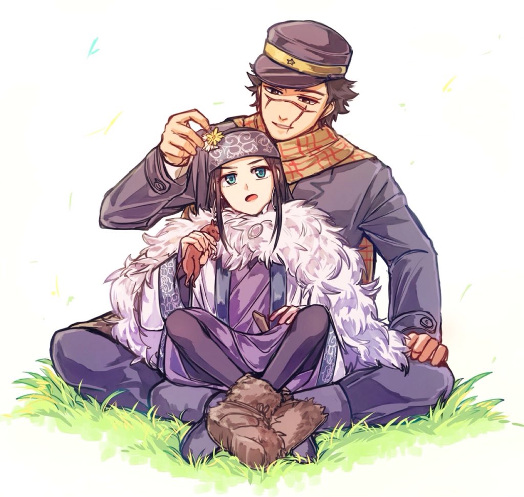 1girl ainu ainu_clothes araiguma_(gomipanda123) asirpa bandana black_hair blue_eyes boots brown_eyes cape coat crossed_legs earrings facial_scar fur_boots fur_cape golden_kamuy grass hat hoop_earrings jewelry long_hair long_sleeves looking_at_another military military_hat military_uniform open_mouth pants scar scarf short_hair simple_background sitting sitting_on_lap sitting_on_person sugimoto_saichi uniform white_background wide_sleeves