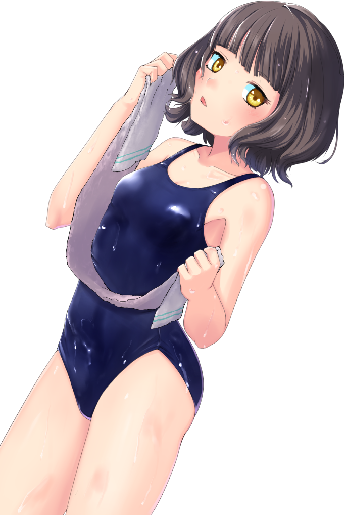 1girl bangs black_hair blue_swimsuit blunt_bangs blush breasts collarbone cowboy_shot drying dutch_angle from_side grey_towel hands_up holding holding_towel kantai_collection kishinami_(kantai_collection) looking_at_viewer new_school_swimsuit one-piece_swimsuit open_mouth school_swimsuit short_hair sideways_glance simple_background small_breasts solo standing swimsuit towel wavy_hair wet wet_clothes white_background yellow_eyes