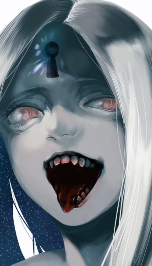 :d abigail_williams_(fate/grand_order) bakushi_(kaeritai0609) bangs eyelashes fate/grand_order fate_(series) grey_skin horror_(theme) keyhole long_hair looking_at_viewer open_mouth pale_skin parted_bangs portrait red_eyes silver_hair simple_background slit_pupils smile teeth tongue tongue_out white_background