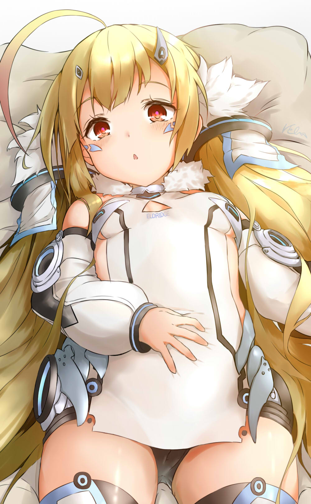 ahoge azur_lane bed_sheet black_panties blonde_hair blush breasts cameltoe character_name chestnut_mouth commentary_request detached_sleeves dress eldridge_(azur_lane) facial_mark fur_trim grey_background hair_ornament hand_on_own_stomach highres long_hair long_sleeves looking_at_viewer low_twintails panties parted_lips pillow pnt_(ddnu4555) puffy_long_sleeves puffy_sleeves red_eyes signature sleeveless sleeveless_dress small_breasts solo thighhighs twintails underwear very_long_hair white_dress white_legwear white_sleeves