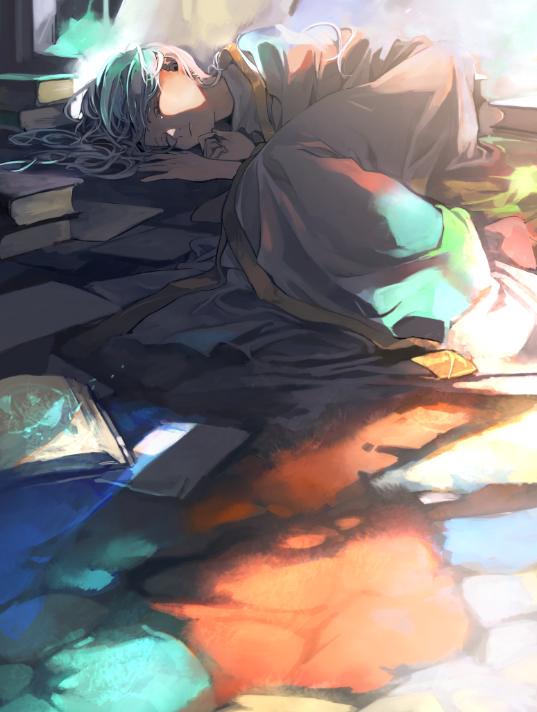 book closed_eyes closed_mouth habit index long_hair lying nun on_floor on_side paper silver_hair sleeping solo to_aru_majutsu_no_index toooka