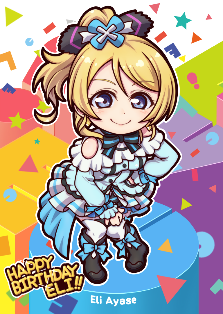 ayase_eli bangs birthday black_footwear blonde_hair blue_eyes boots bow bowtie breasts character_name chibi commentary_request earrings english eyebrows_visible_through_hair frills hair_bow hand_on_hip happy_birthday jewelry kira-kira_sensation! long_hair looking_at_viewer love_live! love_live!_school_idol_project medium_breasts miloku ponytail rectangle shoulder_cutout sidelocks solo standing star thighhighs triangle white_legwear