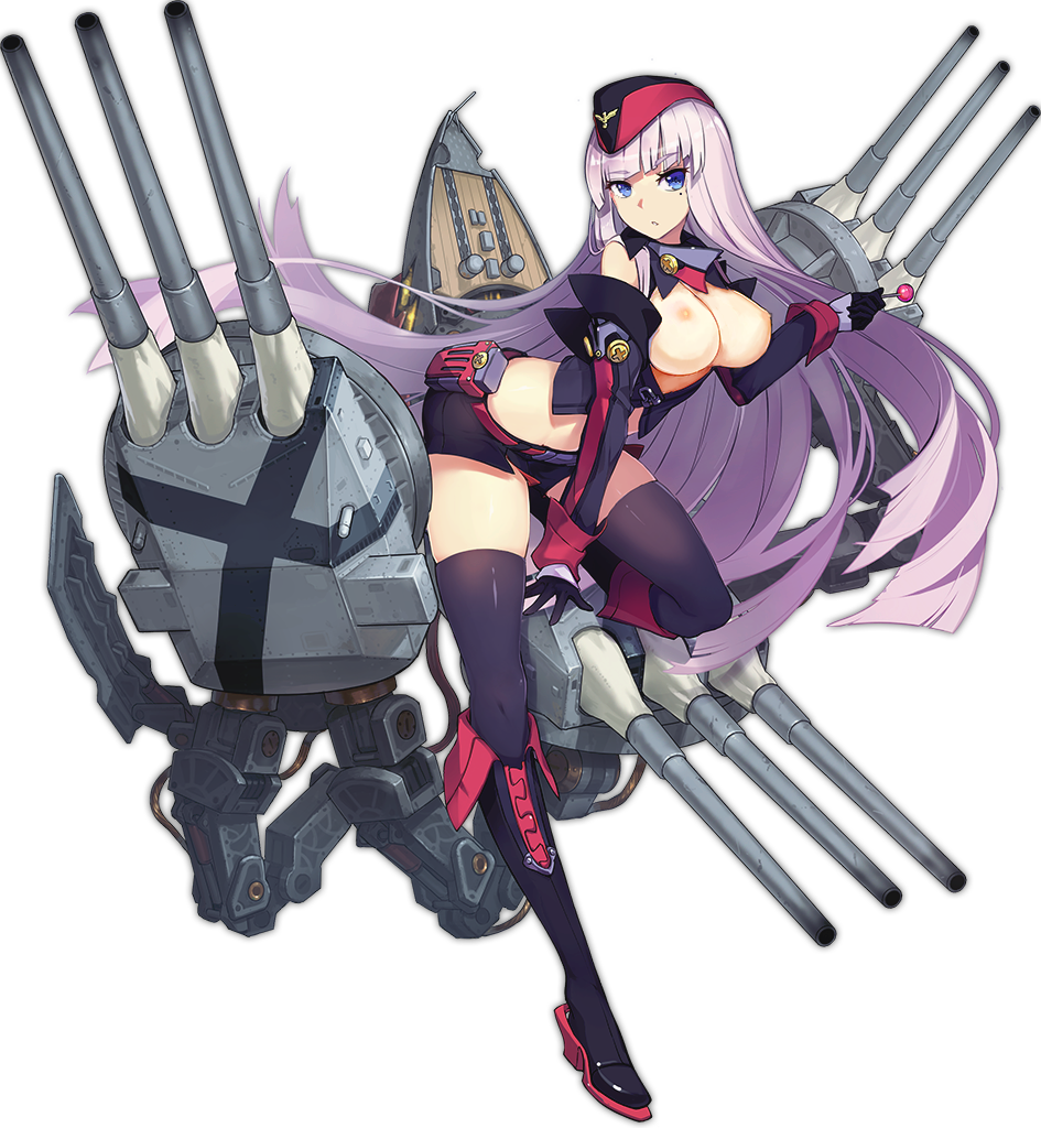 azur_lane bad_id bad_pixiv_id bangs bare_shoulders between_legs black_footwear black_gloves black_hat black_legwear blue_eyes blunt_bangs boots breasts breasts_outside candy detached_sleeves eyebrows eyebrows_visible_through_hair food full_body garrison_cap gloves gneisenau_(azur_lane) hat knee_boots leaning_forward lollipop long_hair looking_at_viewer machinery medium_breasts mole mole_under_eye nipples no_bra ntrsis official_art purple_hair solo tachi-e thighhighs transparent_background turret zettai_ryouiki