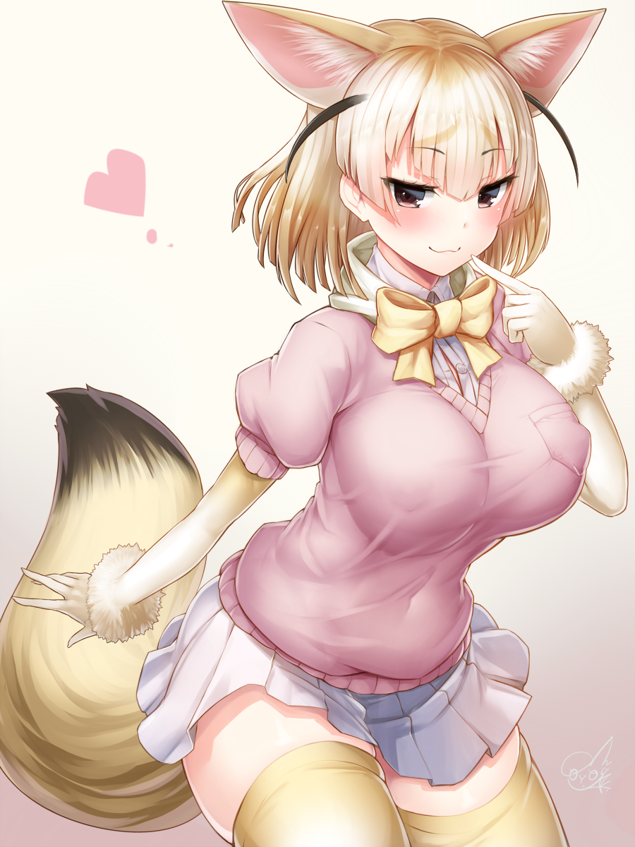 :3 animal_ears blonde_hair blush bow bowtie breasts brown_eyes covered_nipples doyouwantto eyebrows_visible_through_hair fennec_(kemono_friends) fox_ears fox_tail gloves heart highres kemono_friends large_breasts looking_at_viewer miniskirt pink_sweater pleated_skirt school_uniform short_sleeve_sweater skirt smile solo sweater tail thighhighs yellow_legwear zettai_ryouiki