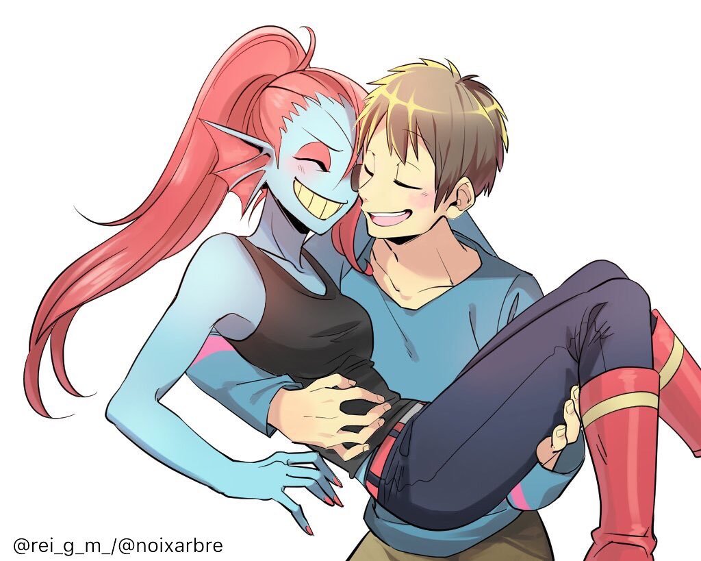 androgynous black_tank_top blue_skin breasts carrying couple eyepatch frisk_(undertale) head_fins long_ponytail misumi_rei monster_girl older ponytail princess_carry red_hair shirt smile tank_top teeth undertale undyne