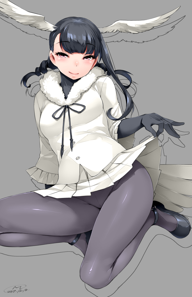 black-headed_ibis_(kemono_friends) black_hair blush bodysuit breasts crotch_seam happa_(cloverppd) head_wings kemono_friends lifted_by_self long_hair looking_at_viewer mary_janes pantyhose pleated_skirt purple_eyes shoes skirt skirt_lift smile solo