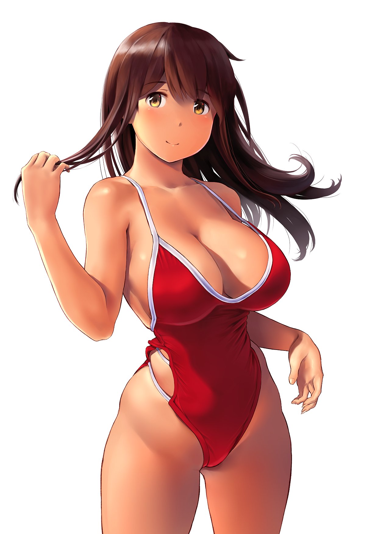 akagi_(kantai_collection) bangs bare_shoulders blush breasts brown_eyes brown_hair cleavage closed_mouth collarbone commentary highleg highleg_swimsuit highres hips holding holding_hair kantai_collection large_breasts long_hair looking_at_viewer one-piece_swimsuit red_swimsuit simple_background smile solo straight_hair swimsuit tan thighs wa_(genryusui) white_background