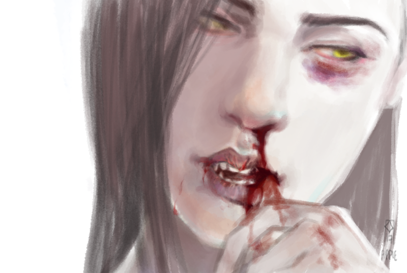 apple_(appleuniversing) blood blood_on_face bloody_hands brown_hair bruise bruise_on_face fang green_eyes hand_on_own_face hand_up injury lips long_hair looking_to_the_side nose nosebleed open_mouth overwatch parted_lips portrait simple_background solo teeth white_background widowmaker_(overwatch)