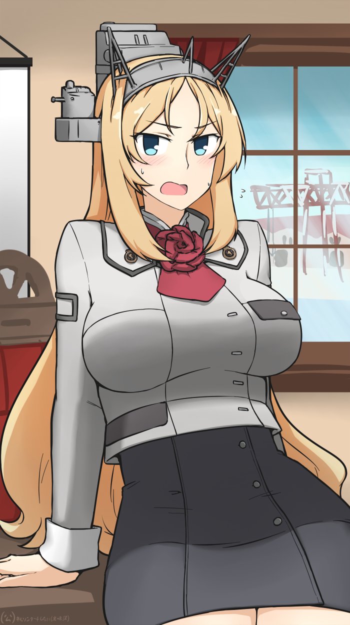 blonde_hair blue_eyes breasts chair commentary_request cowboy_shot flower hamu_koutarou headgear highres kantai_collection large_breasts long_hair long_sleeves looking_at_viewer military military_uniform nelson_(kantai_collection) open_mouth pencil_skirt red_flower red_rose rose skirt solo uniform window