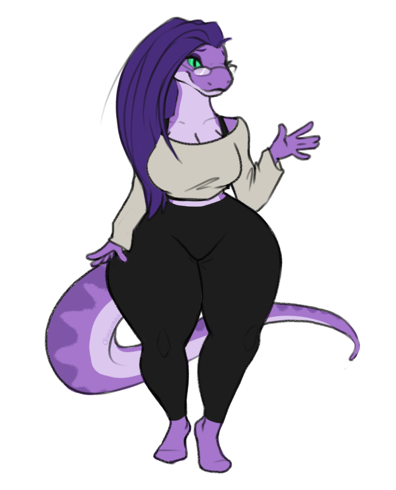 anthro big_breasts breasts chuchuana clothing dawn_cotton_(character) eyewear female glasses green_eyes hair legwear long_tail purple_hair reptile scalie sketch snake solo standing thick_thighs violet_body voluptuous wide_hips