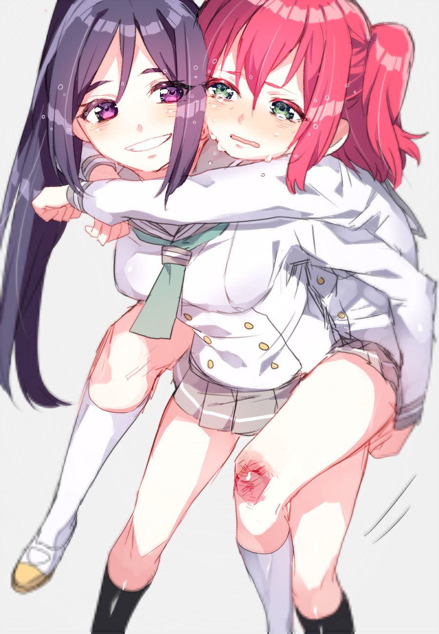 aqua_neckwear bangs blood bow bowtie carrying commentary_request crying crying_with_eyes_open double-breasted high_ponytail highres injury kurosawa_ruby loafers long_hair long_sleeves love_live! love_live!_sunshine!! lying mashiro_(rikuya) matsuura_kanan multiple_girls neckerchief on_back open_mouth piggyback pleated_skirt ponytail purple_eyes purple_hair red_hair scar school_uniform scraped_knee serafuku shoes short_socks skirt smile tears thighhighs tie_clip two_side_up uranohoshi_school_uniform