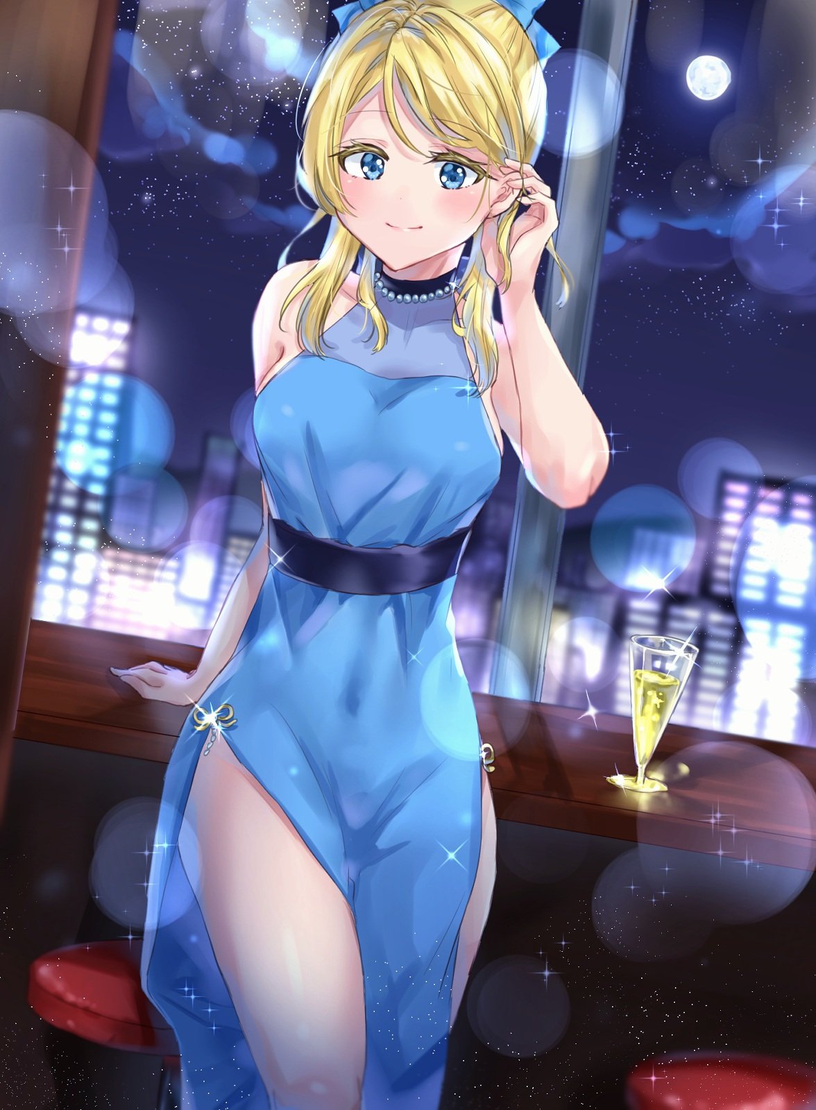 alternate_hairstyle ayase_eli bar_stool blonde_hair blue_dress blue_eyes blue_ribbon blurry blush bokeh breasts commentary_request counter covered_navel cup depth_of_field dress drinking_glass eyebrows_visible_through_hair hair_ribbon hair_tucking half_updo highres jewelry long_hair looking_at_viewer love_live! love_live!_school_idol_project medium_breasts minori_748 necklace night pearl_necklace ribbon sash side_slit sidelocks sleeveless sleeveless_dress smile solo sparkle stool window wine_glass
