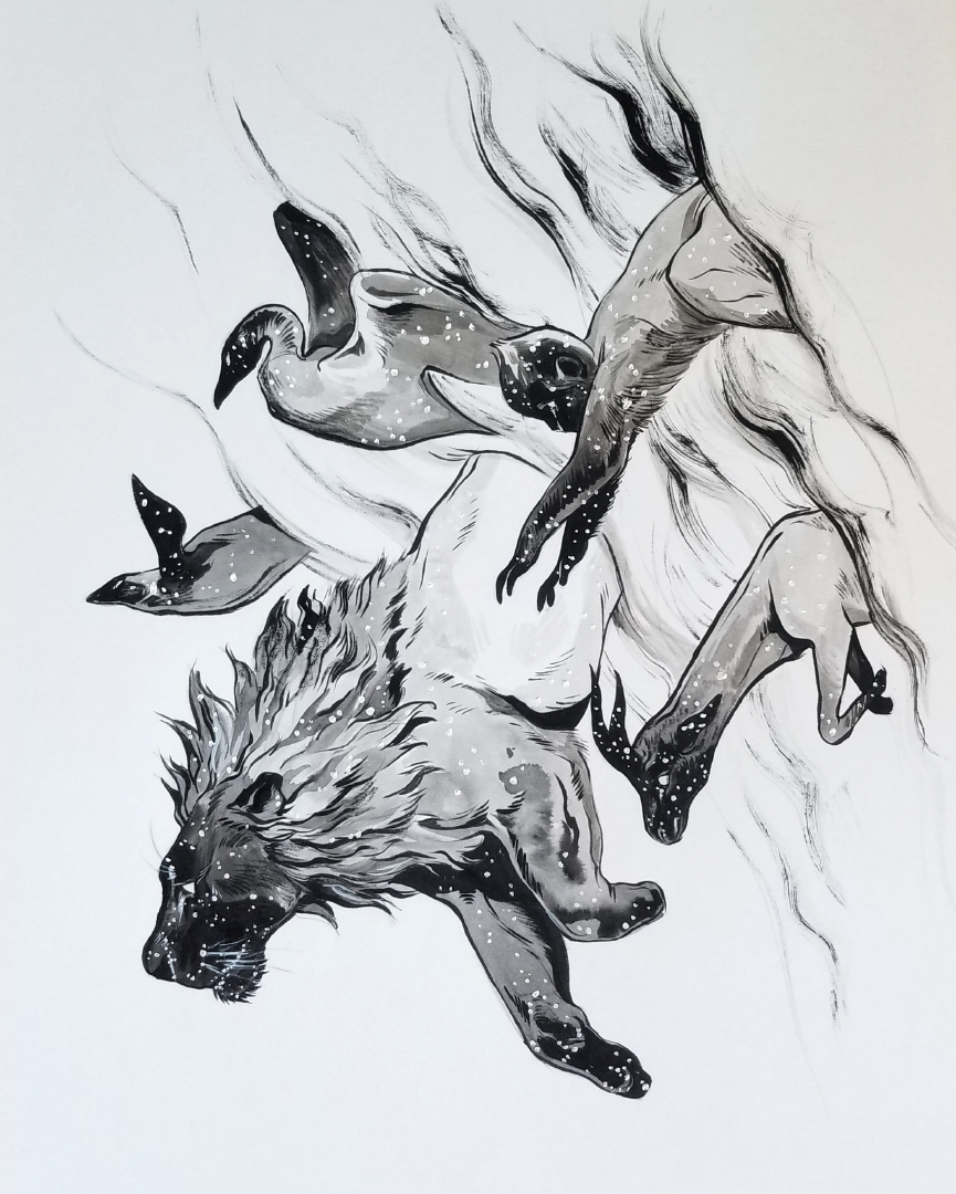 2018 ambiguous_gender avian bird caprine feline feral fur goat greyscale group lion mammal marine monkey monochrome paws pinniped primate seal tamberella traditional_media_(artwork) wings