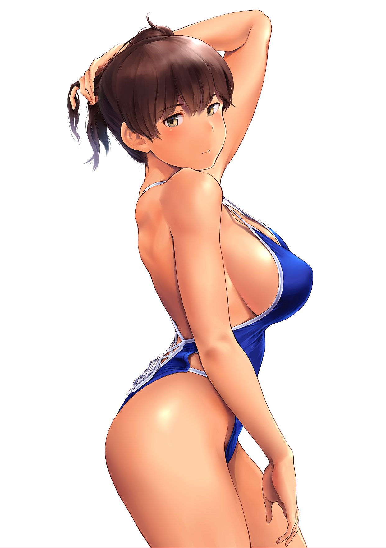 3: arm_up blue_swimsuit breasts brown_hair casual_one-piece_swimsuit commentary contrapposto cowboy_shot expressionless eyebrows_visible_through_hair from_side highleg highleg_swimsuit highres kaga_(kantai_collection) kantai_collection large_breasts looking_at_viewer one-piece_swimsuit short_hair side_ponytail sideboob simple_background solo strap_gap swimsuit wa_(genryusui) white_background yellow_eyes