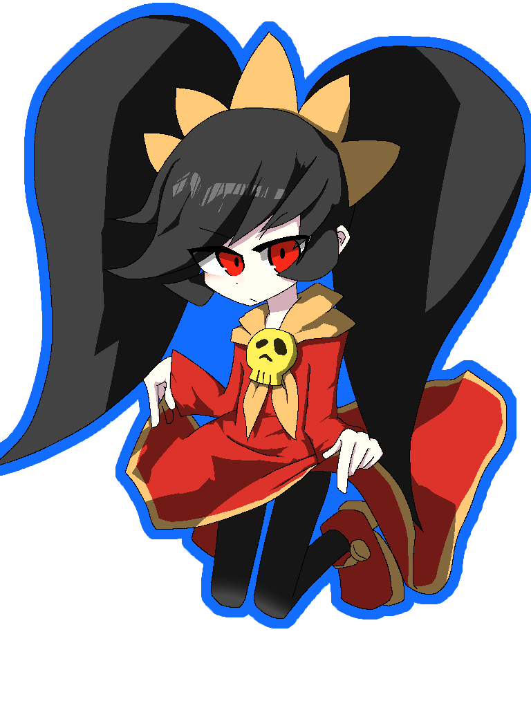 1girl aliasing ashley_(warioware) bangs big_hair black_hair black_legwear blue_outline child dress dress_lift eyebrows_visible_through_hair female flat_chest full_body hairband hands_up kan_(kam48360493) lifted_by_self long_hair long_sleeves looking_at_viewer neckerchief nintendo orange_hairband orange_neckwear pantyhose red_dress red_eyes red_footwear shiny shiny_hair shoes simple_background skull solo tied_hair twintails warioware white_background