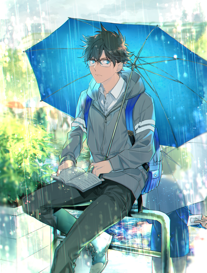 black-framed_eyewear black_pants blue_eyes blue_jacket blue_umbrella book brown_hair day edogawa_conan grey_jacket hood hooded_jacket jacket kudou_shin'ichi looking_at_viewer male_focus meitantei_conan multiple_boys open_book outdoors over-rim_eyewear pants rain ro-a semi-rimless_eyewear zipper