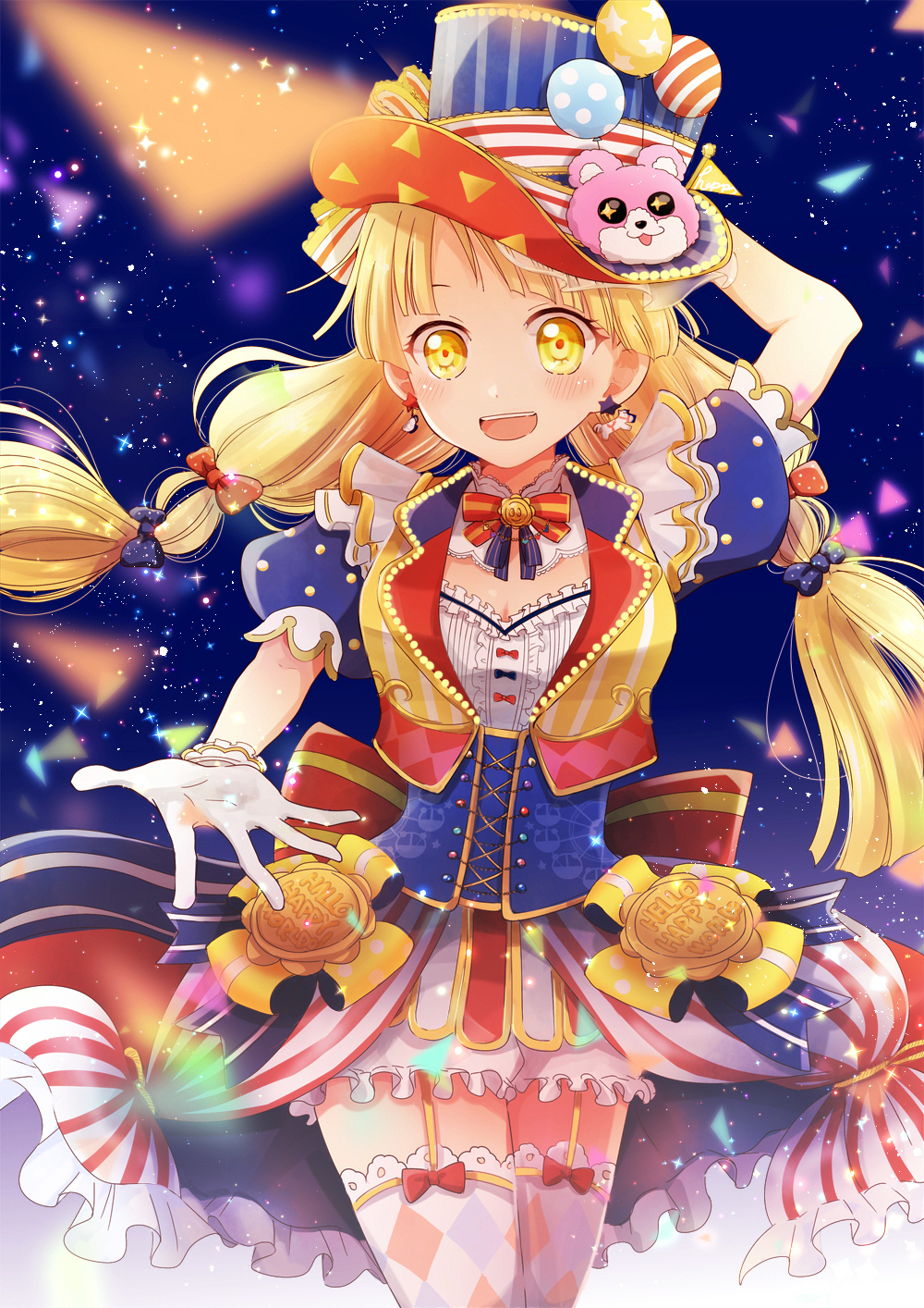 :d argyle argyle_legwear balloon bang_dream! bangs blonde_hair blue_background blue_bow blush bow bowtie breasts character_hair_ornament cleavage commentary_request confetti corset costume cowboy_shot cross-laced_clothes detached_collar earrings flag garter_straps gloves gold_trim group_name hair_bow hair_ornament hand_behind_head hasen_hachimitsu hat hat_ribbon highres horse_earrings idol jewelry long_hair looking_at_viewer michelle_(bang_dream!) open_mouth outstretched_hand overskirt pennant polka_dot polka_dot_bow red_bow ribbon short_sleeves smile solo sparkle star star_earrings string_of_flags striped striped_hat striped_neckwear striped_ribbon thighhighs top_hat tsurumaki_kokoro twintails underbust upper_teeth vertical_stripes vest white_gloves yellow_eyes