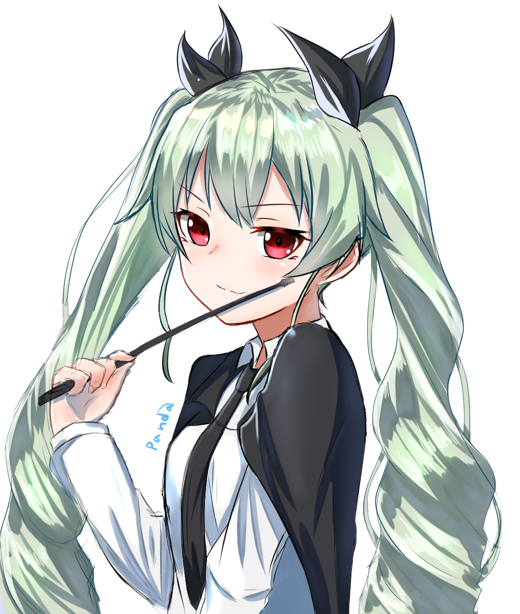anchovy anzio_school_uniform black_bow black_cape black_neckwear bow cape drill_hair eyebrows_visible_through_hair girls_und_panzer green_hair hair_between_eyes hair_bow highres holding_whip kuki_panda_(wkdwnsgk13) long_hair necktie red_eyes school_uniform shiny shiny_hair shirt signature simple_background sketch smile solo twin_drills twintails upper_body very_long_hair white_background white_shirt