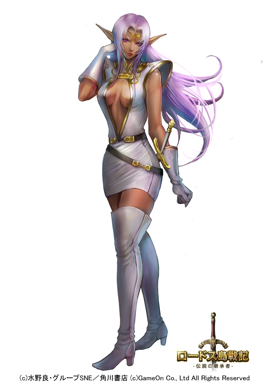 boots breasts circlet cleavage company_name dark_elf dark_skin elbow_gloves elf fantasy full_body gloves highres long_hair looking_at_viewer pirotess pointy_ears purple_eyes purple_hair record_of_lodoss_war solo standing thigh_boots thighhighs usuda_hiro very_long_hair watermark white_background white_footwear white_gloves