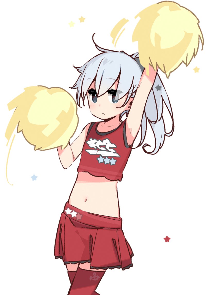 alternate_costume alternate_hairstyle anchor_symbol arm_up blue_eyes cheerleader commentary_request crop_top expressionless feet_out_of_frame hibiki_(kantai_collection) kantai_collection long_hair midriff navel pleated_skirt pom_poms ponytail red_clothes red_legwear red_skirt simple_background skirt solo thighhighs white_background white_hair yoru_nai