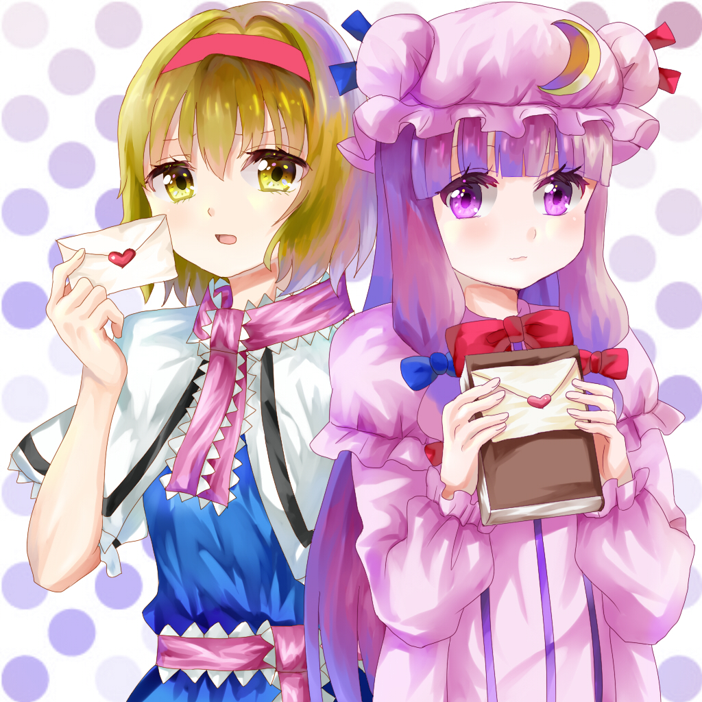 alice_margatroid bangs blonde_hair blue_bow blue_ribbon blunt_bangs blush book bow capelet commentary_request crescent crescent_moon_pin envelope hair_bow hairband hat hat_ribbon heart holding holding_book letter long_hair looking_at_viewer love_letter multiple_girls patchouli_knowledge pink_neckwear polka_dot polka_dot_background purple_eyes purple_hair red_bow red_hairband red_neckwear red_ribbon ribbon rizuyuki short_hair touhou upper_body very_long_hair yellow_eyes