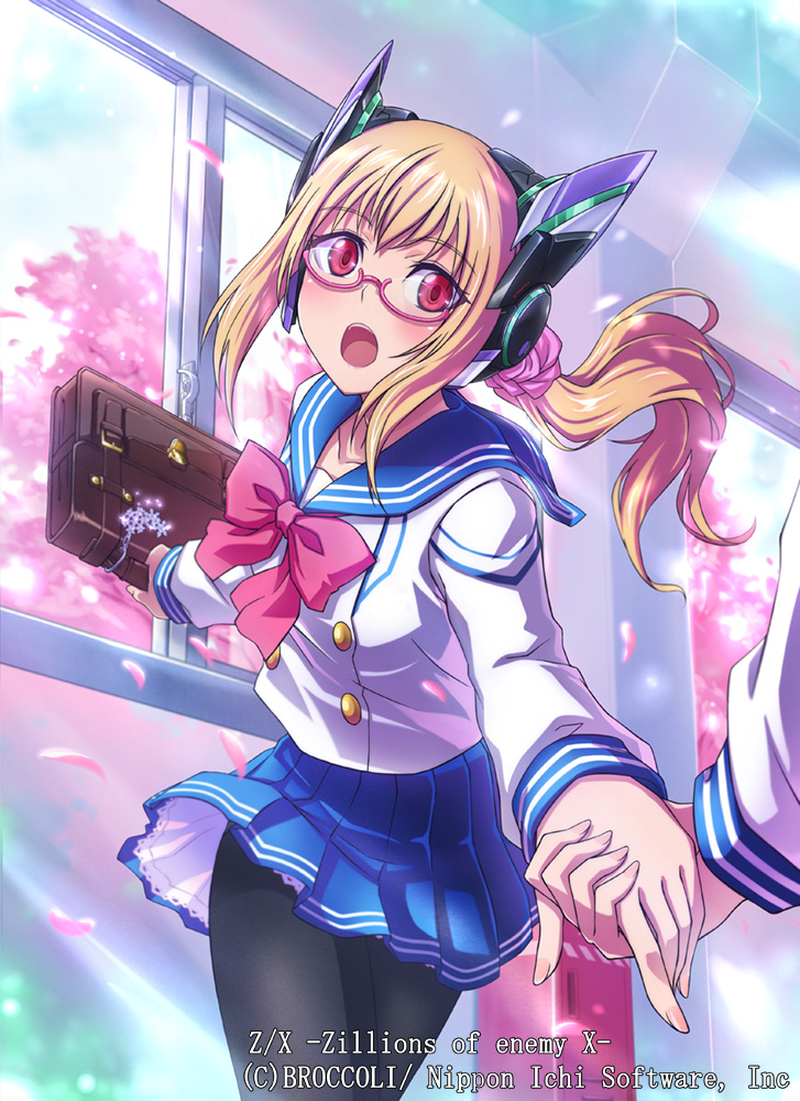 :o bag bag_charm blonde_hair blue_skirt bookbag bow charm_(object) company_name copyright_name eblmeka glasses hair_ornament headset holding_hands indoors long_hair looking_at_viewer official_art pantyhose pink-framed_eyewear pink_bow pink_eyes pleated_skirt ponytail school_briefcase school_uniform sidelocks skirt window z/x