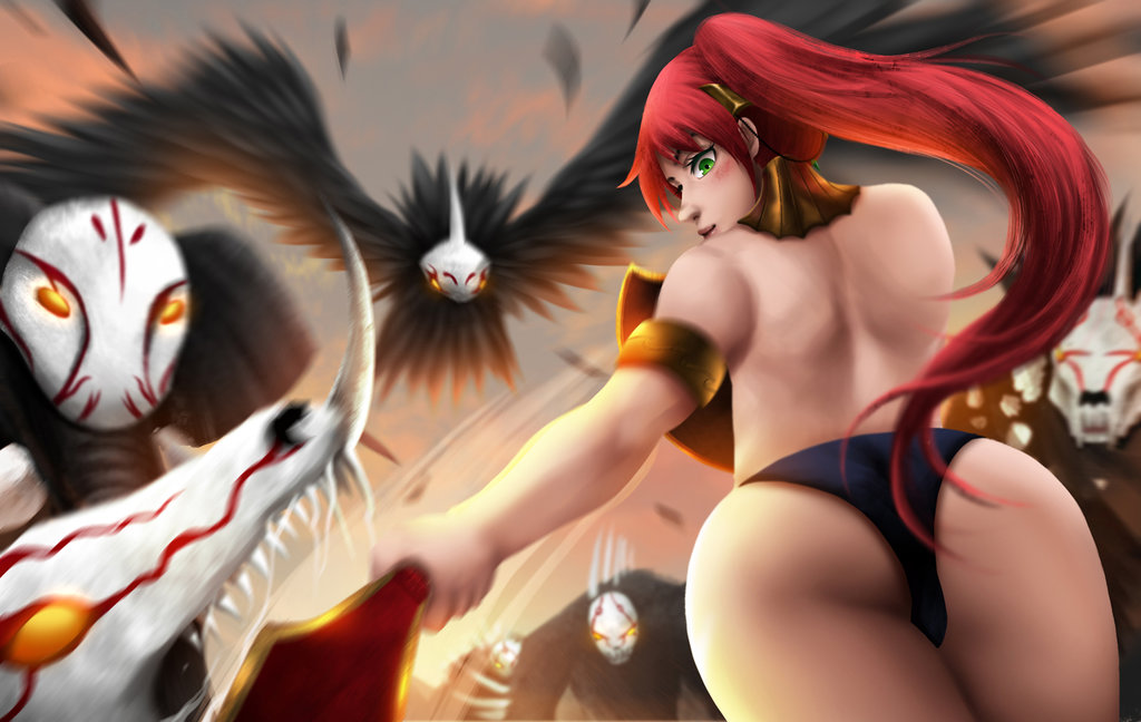 1girl armlet artist_request ass back bare_back bare_shoulders blush cameltoe from_behind green_eyes grimm long_hair looking_at_viewer looking_back looking_down panties ponytail pyrrha_nikos red_hair rwby shield smile sword thighhighs underwear weapon