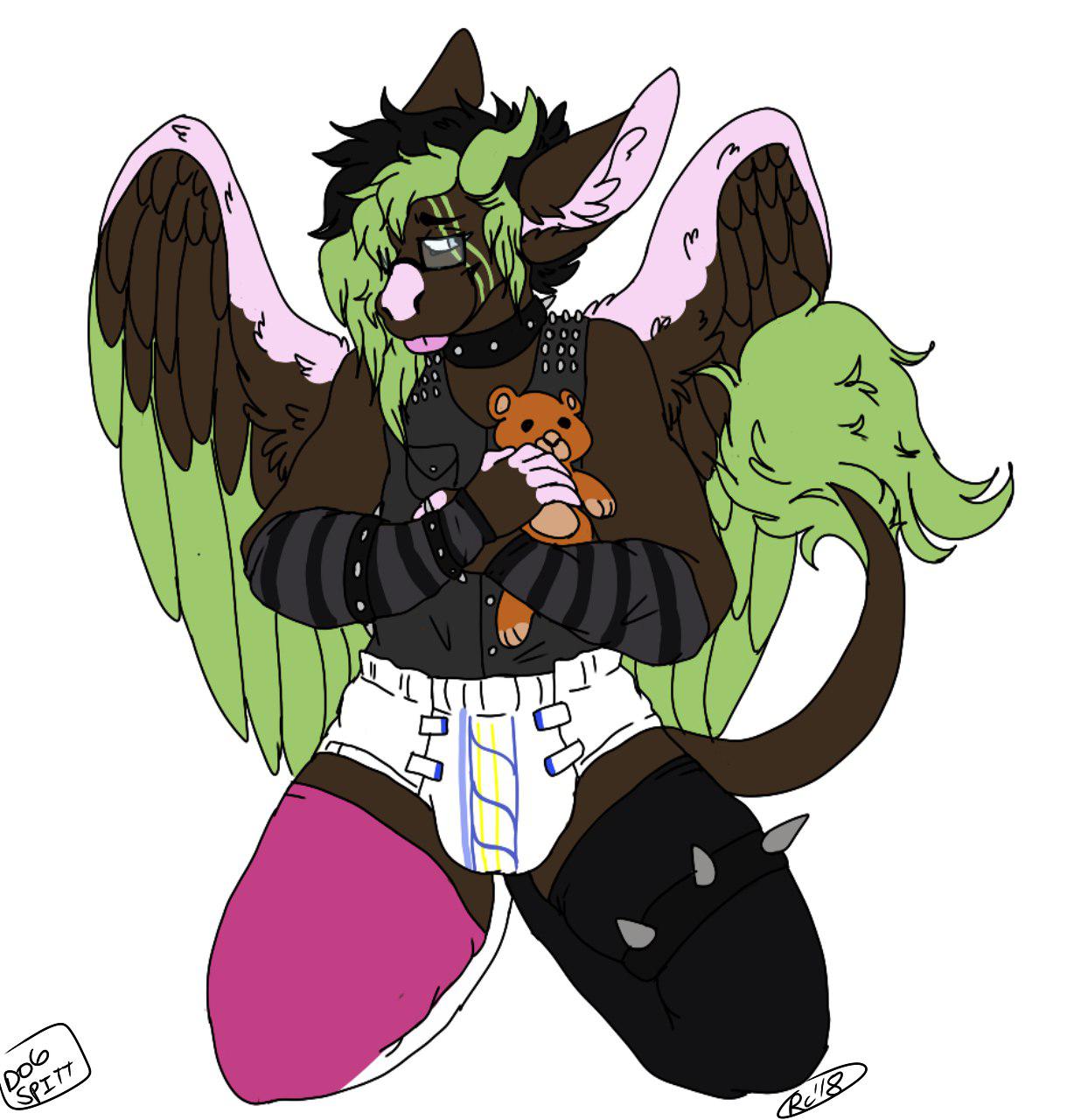 2018 angel_dragon anthro biped blep clothed clothing diaper dog.spitt dragon eyebrows eyewear feathers fully_clothed fur glasses hair horn kneeling legwear male multicolored_feathers multicolored_fur multicolored_hair signature simple_background source_request stockings teddy_bear tongue tongue_out twixxel_minty vest white_background