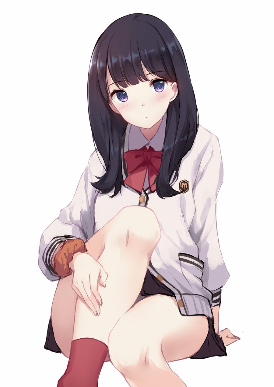 bangs black_hair black_skirt blunt_bangs blush bow bowtie caidychen cardigan collared_shirt commentary_request eyebrows_visible_through_hair head_tilt highres knees_up long_hair long_sleeves looking_at_viewer pleated_skirt pocket purple_eyes red_bow red_legwear school_uniform shiny shiny_hair shirt simple_background sitting skirt socks solo ssss.gridman takarada_rikka white_background white_shirt