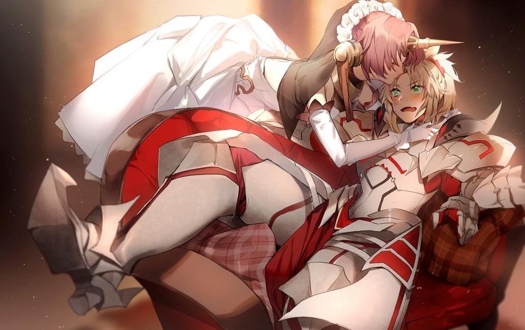 armor armored_boots blonde_hair blush boots breastplate bridal_veil closed_eyes couch dress elbow_gloves fate/apocrypha fate/grand_order fate_(series) forehead_kiss frankenstein's_monster_(fate) gauntlets gloves greaves green_eyes hair_ornament hair_scrunchie horn kiss light mordred_(fate) mordred_(fate)_(all) multiple_girls no-kan open_mouth pauldrons pink_hair red_scrunchie scrunchie sitting veil wedding_dress white_dress white_gloves yuri