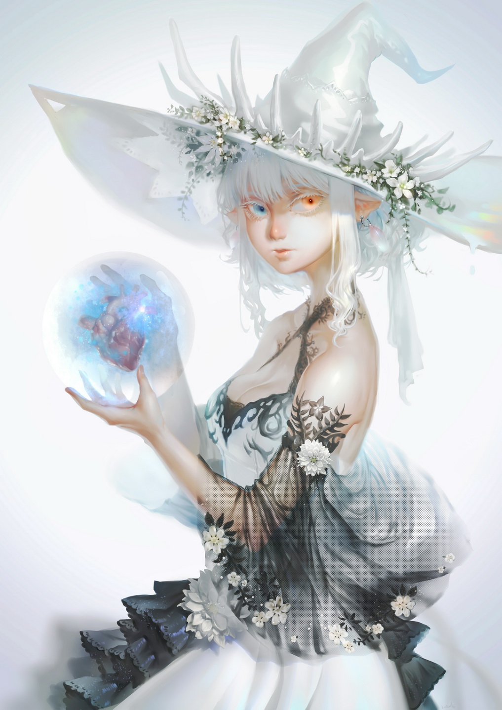 bare_shoulders blue_eyes breasts cleavage commentary_request crystal_ball dress earrings flower hat hat_flower heart_(organ) heterochromia highres jewelry latealth medium_breasts original pink_eyes pointy_ears sidelocks solo upper_body white_background white_dress white_flower white_hair white_hat witch_hat