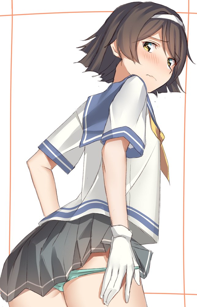 black_hair blue_sailor_collar brown_eyes commentary_request cowboy_shot from_behind gloves grey_skirt hairband kantai_collection looking_at_viewer looking_back neckerchief pallad panties panty_pull pleated_skirt sailor_collar school_uniform serafuku short_hair short_sleeves skirt solo tanikaze_(kantai_collection) thighhighs underwear undressing white_background white_gloves white_hairband white_legwear yellow_neckwear