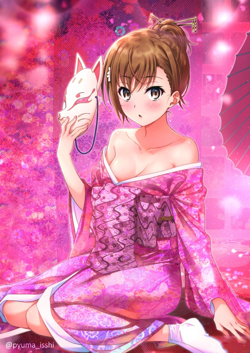 bare_shoulders breasts brown_eyes brown_hair cleavage collarbone floral_background floral_print fox_mask full_body japanese_clothes kimono looking_at_viewer mask mask_removed misaka_mikoto obi pink_background pink_kimono puma_(hyuma1219) sash short_hair sitting small_breasts socks solo tabi tied_hair to_aru_kagaku_no_railgun to_aru_majutsu_no_index twitter_username white_legwear yokozuwari