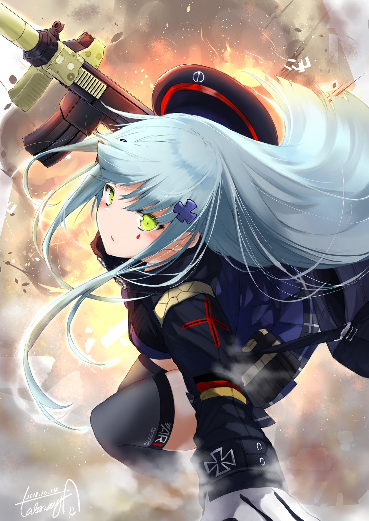 artist_name assault_rifle beret blue_hair commentary explosion girls_frontline gloves green_eyes gun hat hat_removed headwear_removed heckler_&amp;_koch highres hk416 hk416_(girls_frontline) iron_cross leglus long_hair looking_at_viewer rifle signature solo weapon