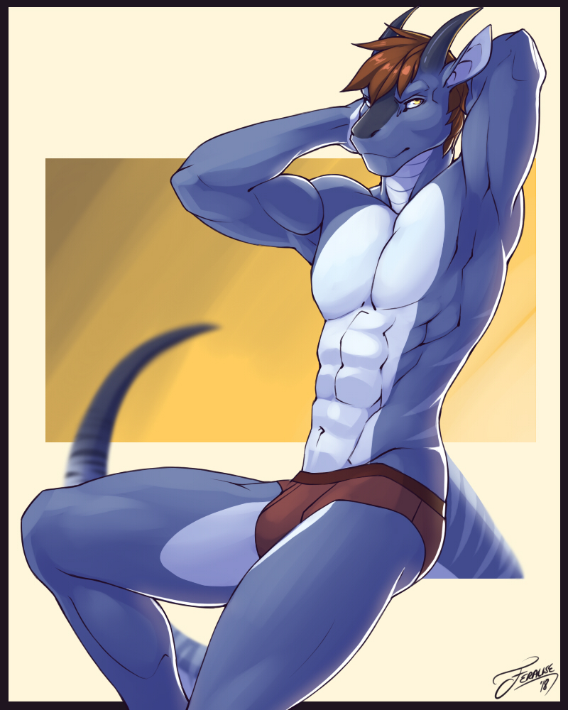 2018 abs anthro athletic blue_skin brown_hair bulge clothed clothing dragon feralise hair hands_behind_head horn male multicolored_skin muscular muscular_male muscular_thighs pecs pose scalie simple_background smile solo topless two_tone_skin underwear yellow_eyes